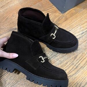 Black Suede Loafer Boots with Gold Accent